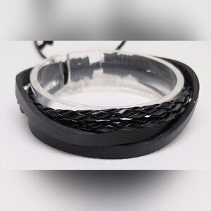 Men's‎ bracelet leather layered braided black new e54